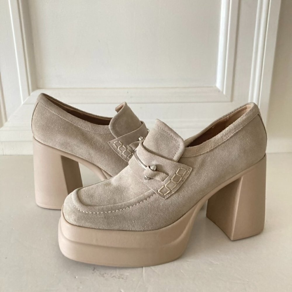 Free People Double Stack Tan Suede Loafers Sz 38.5